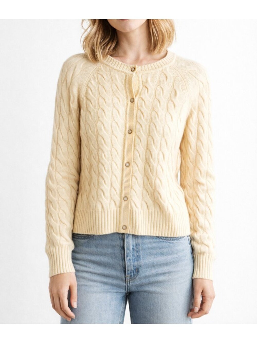 Wilt 100% Cashmere Buttery Pastel Yellow Cableknit Cardigan L